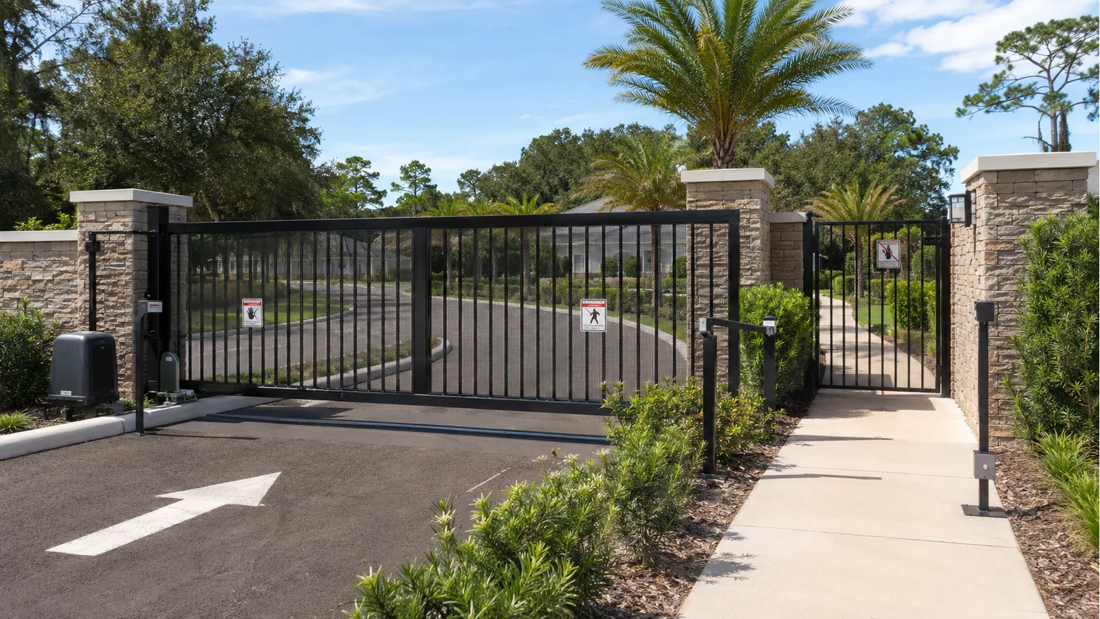 A safe entrance combines appropriate monitored devices, guarded hazards and a separate pedestrian route